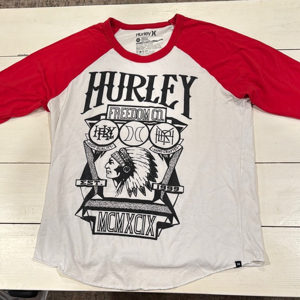 Hurley Red and White Long Sleeve Tee with Graphic Design